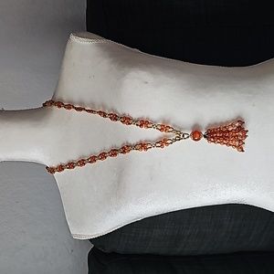 Vintage Gold and Amber Plastic Beaded Tassel Necklace 84 inches⬜29